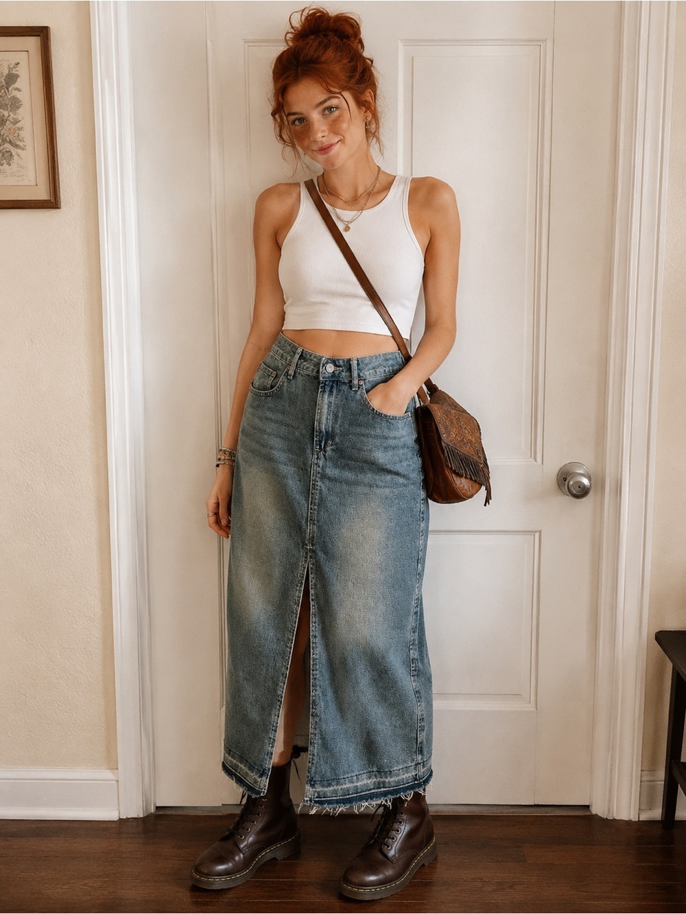 Happily Grey High Waist Front-Slit Boho Western Denim Maxi Skirt in Washed Blue
